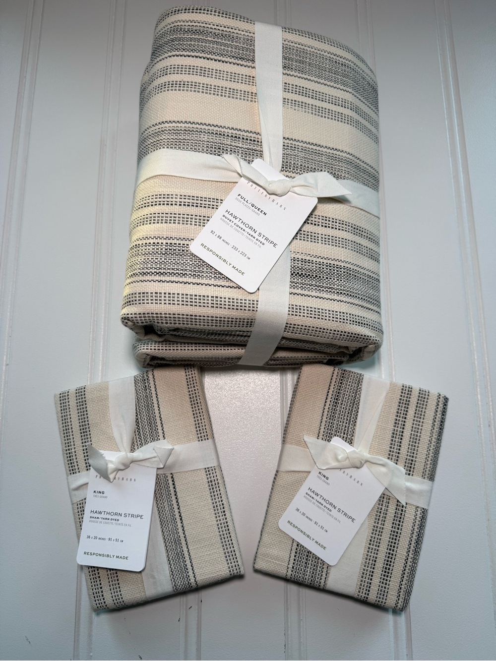 POTTERY BARN HAWTHORN STRIPE Full Queen DUVET COVER STANDARD SHAM Set Gray NEW